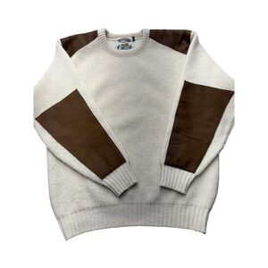 Mackenzie Country Sweater Mens Small Cream Wool Leather Patches New Zealand‎
